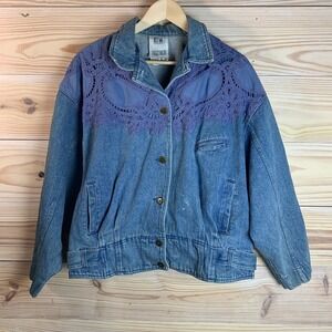 Vtg 90s‎ Together Denim Jacket Missy Large Eyelet Lace Crop Drop Sleeve Slouchy